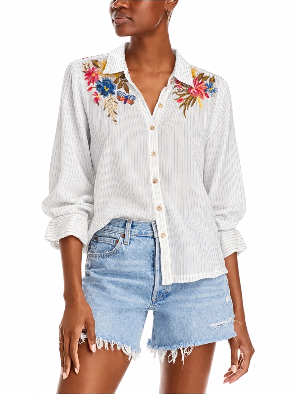 Johnny Was Workshop Small Embroidered Striped Button Down Shirt Boho